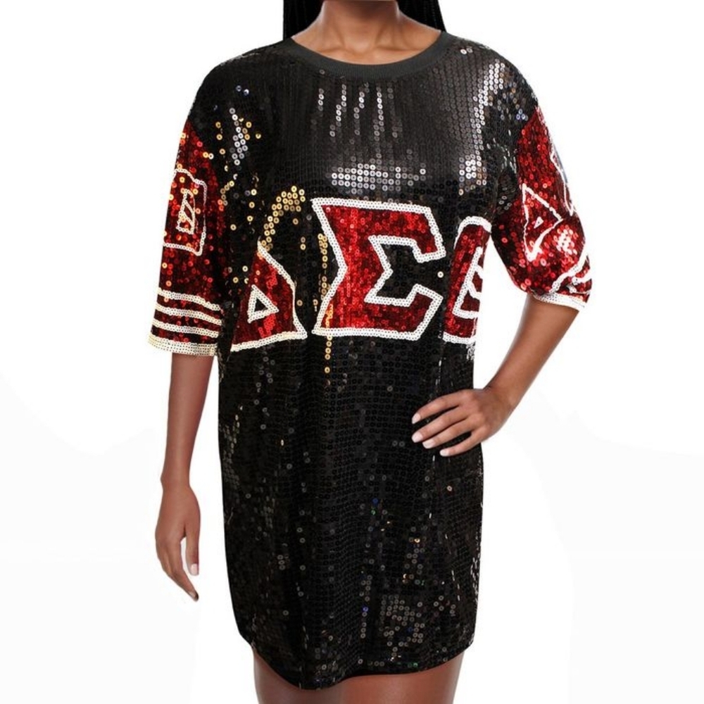 THREE LEFT DST Sorority Black and Red Sequin Jersey Shirt - Picture 1 of 4